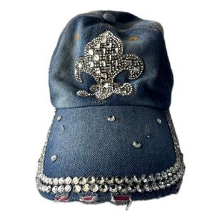 Magid Hats Fleur De Lis Crystals Studded Brim Distressed Denim Baseball Cap